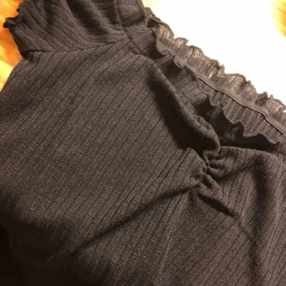 New Casual Black Lettuce Trim Ribbed Off-the-Shoulder Bodycon Mini Pencil Dress - Picture 13 of 15